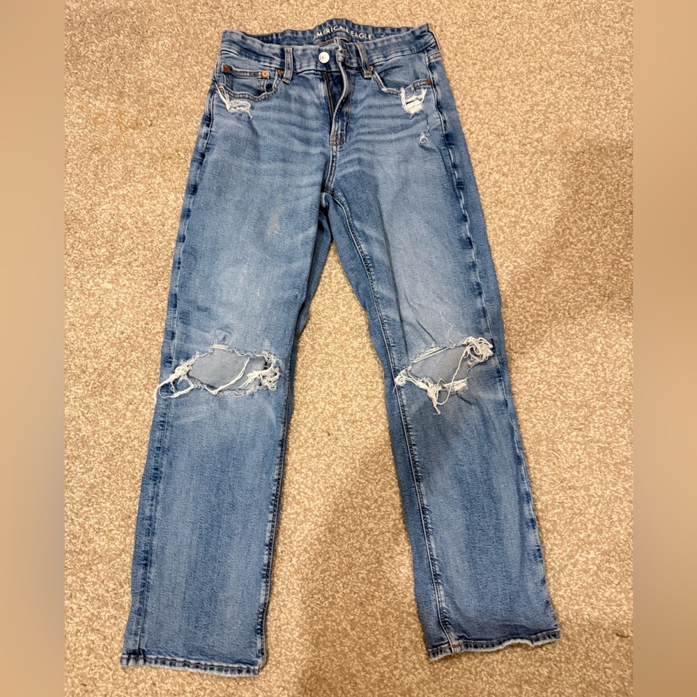 American Eagle Outfitters Distressed Light Blue Straight Leg Jeans